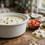 Silky white crockpot queso blanco dip with green chiles and a tortilla chip