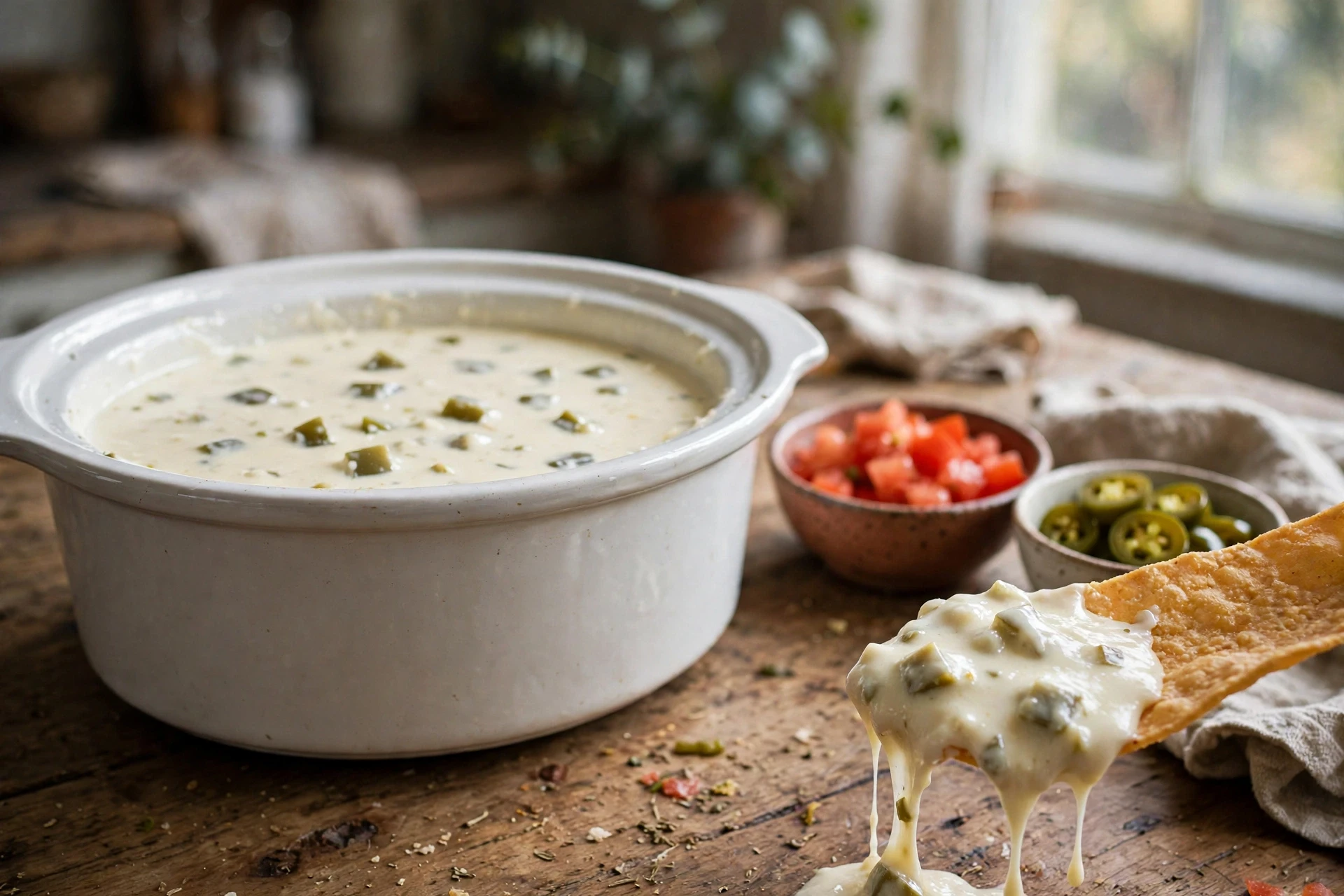 Silky white crockpot queso blanco dip with green chiles and a tortilla chip
