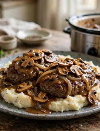 Crockpot Salisbury steak patties in mushroom gravy over mashed potatoes