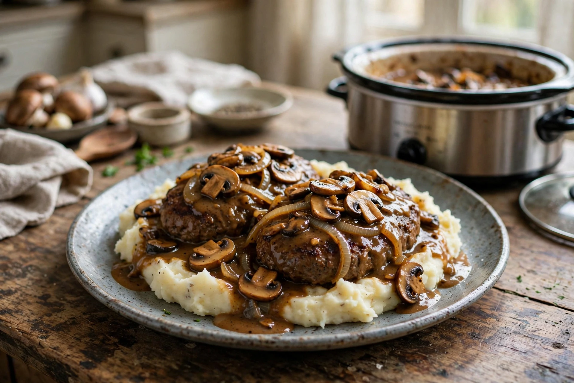 Crockpot Salisbury steak patties in mushroom gravy over mashed potatoes