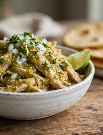 Crockpot salsa verde chicken shredded in a bowl with onion, cilantro and lime