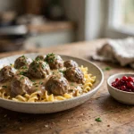 All-beef crockpot Swedish meatballs in creamy gravy over egg noodles with lingonberry jam