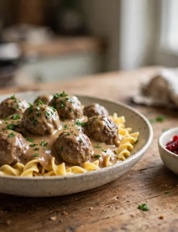 All-beef crockpot Swedish meatballs in creamy gravy over egg noodles with lingonberry jam