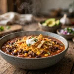 Bowl of crockpot taco soup with ground beef, beans, corn and tomatoes, topped with cheese, sour cream and tortilla strips