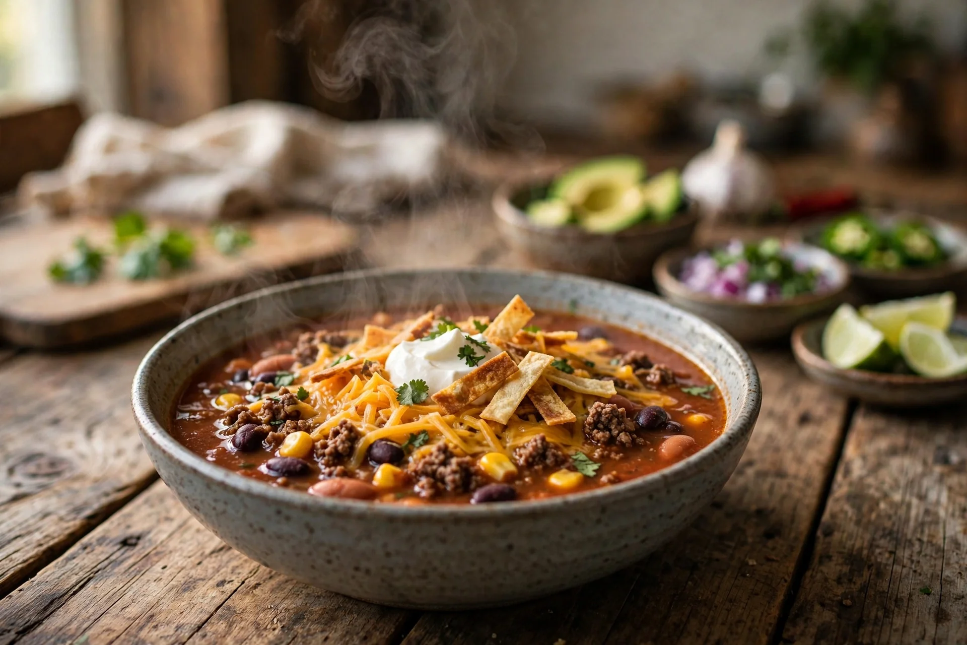 Bowl of crockpot taco soup with ground beef, beans, corn and tomatoes, topped with cheese, sour cream and tortilla strips