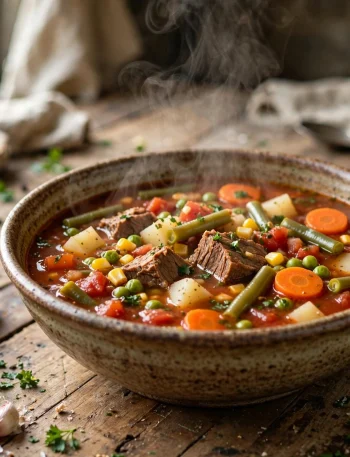 Bowl of hearty crockpot vegetable beef soup with beef, potatoes, carrots, and green beans