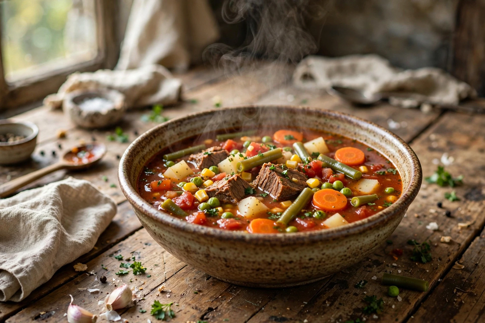 Bowl of hearty crockpot vegetable beef soup with beef, potatoes, carrots, and green beans
