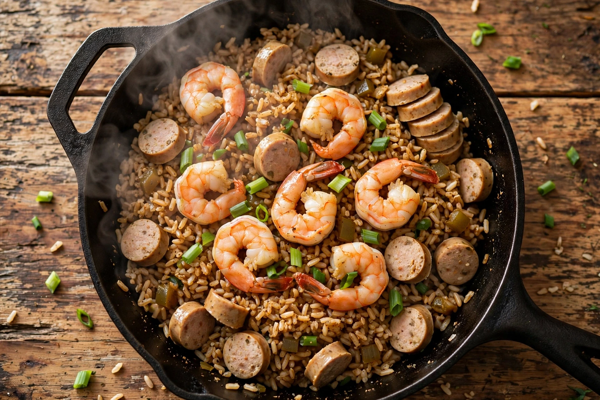 Shrimp and chicken sausage dirty rice in a cast iron skillet