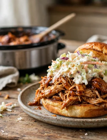 Slow cooker BBQ pulled chicken sandwich with coleslaw on a brioche bun