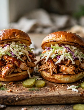 Slow cooker BBQ pulled chicken sandwiches with coleslaw on brioche buns