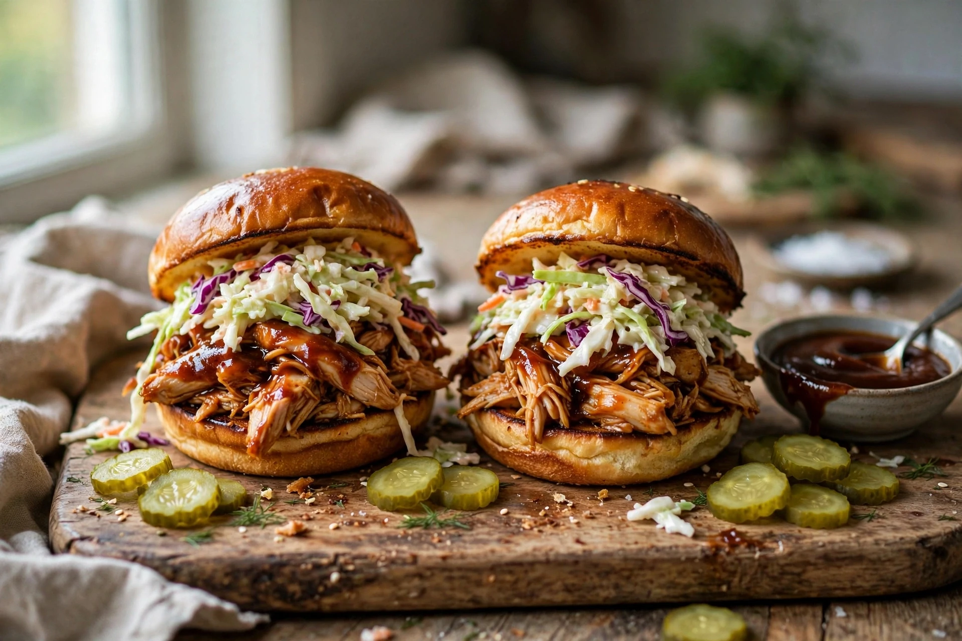 Slow cooker BBQ pulled chicken sandwiches with coleslaw on brioche buns