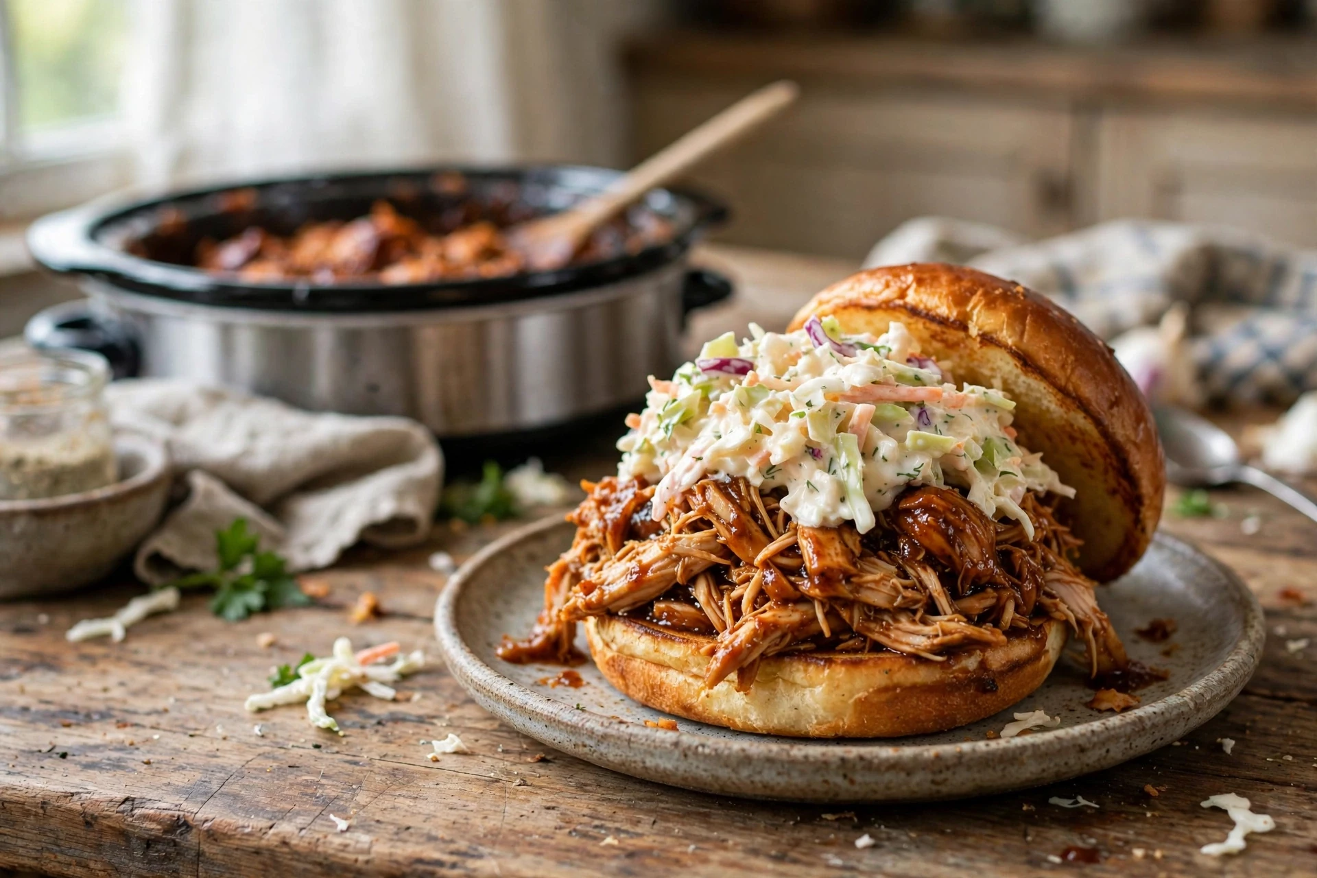 Slow cooker BBQ pulled chicken sandwich with coleslaw on a brioche bun