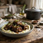Slow cooker beef short ribs glazed in dark sauce over mashed potatoes