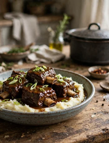 Slow cooker beef short ribs glazed in dark sauce over mashed potatoes
