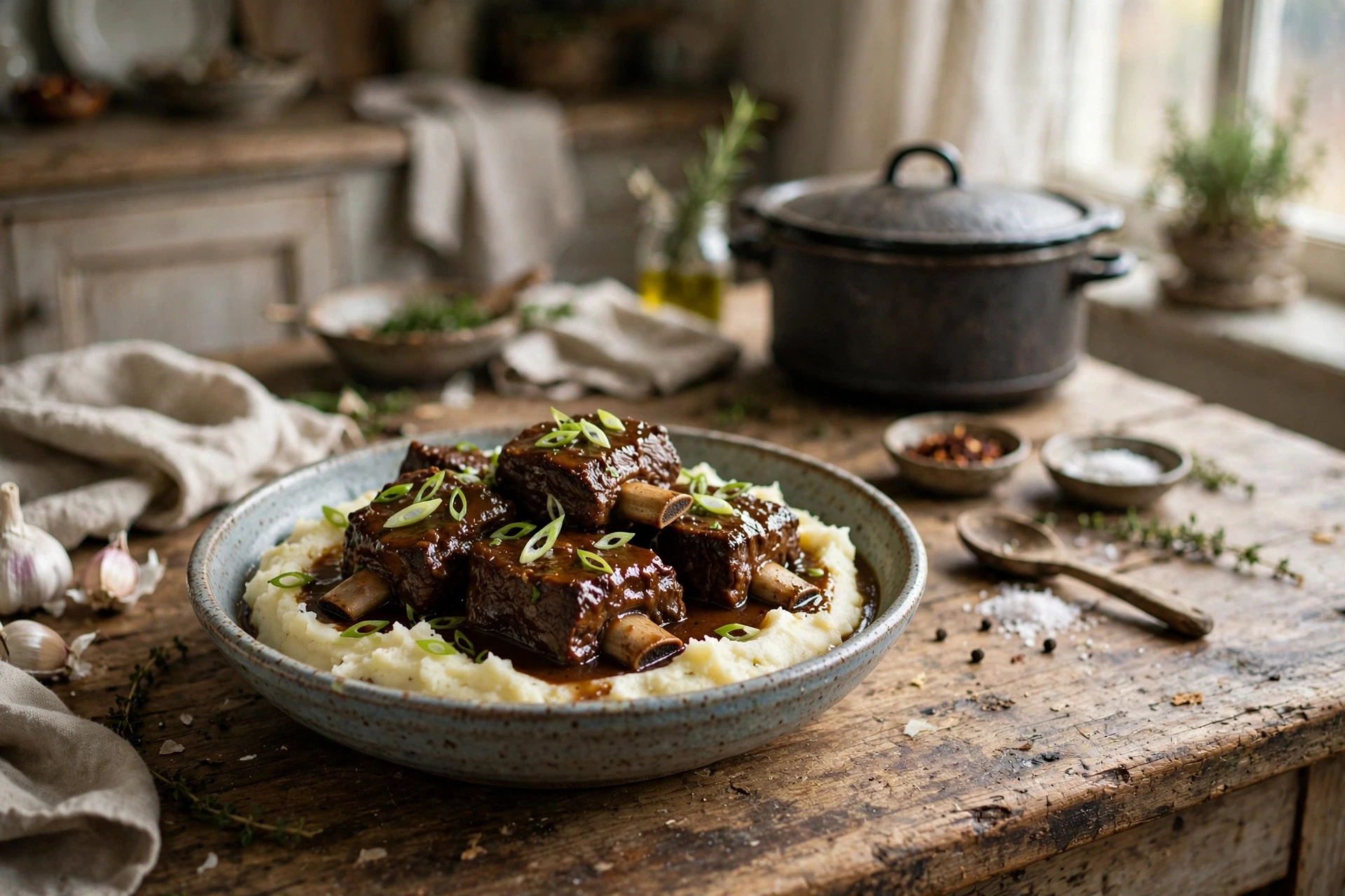 Slow cooker beef short ribs glazed in dark sauce over mashed potatoes