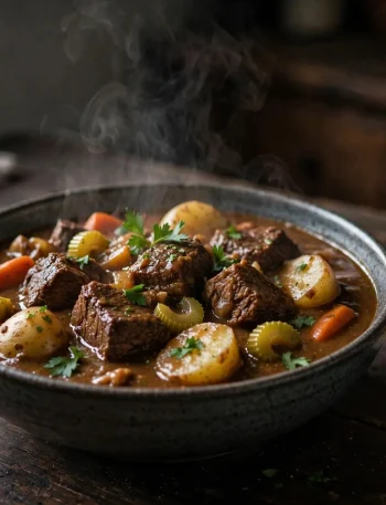 Bowl of slow cooker beef stew with tender beef chunks, carrots, potatoes and celery in rich brown gravy