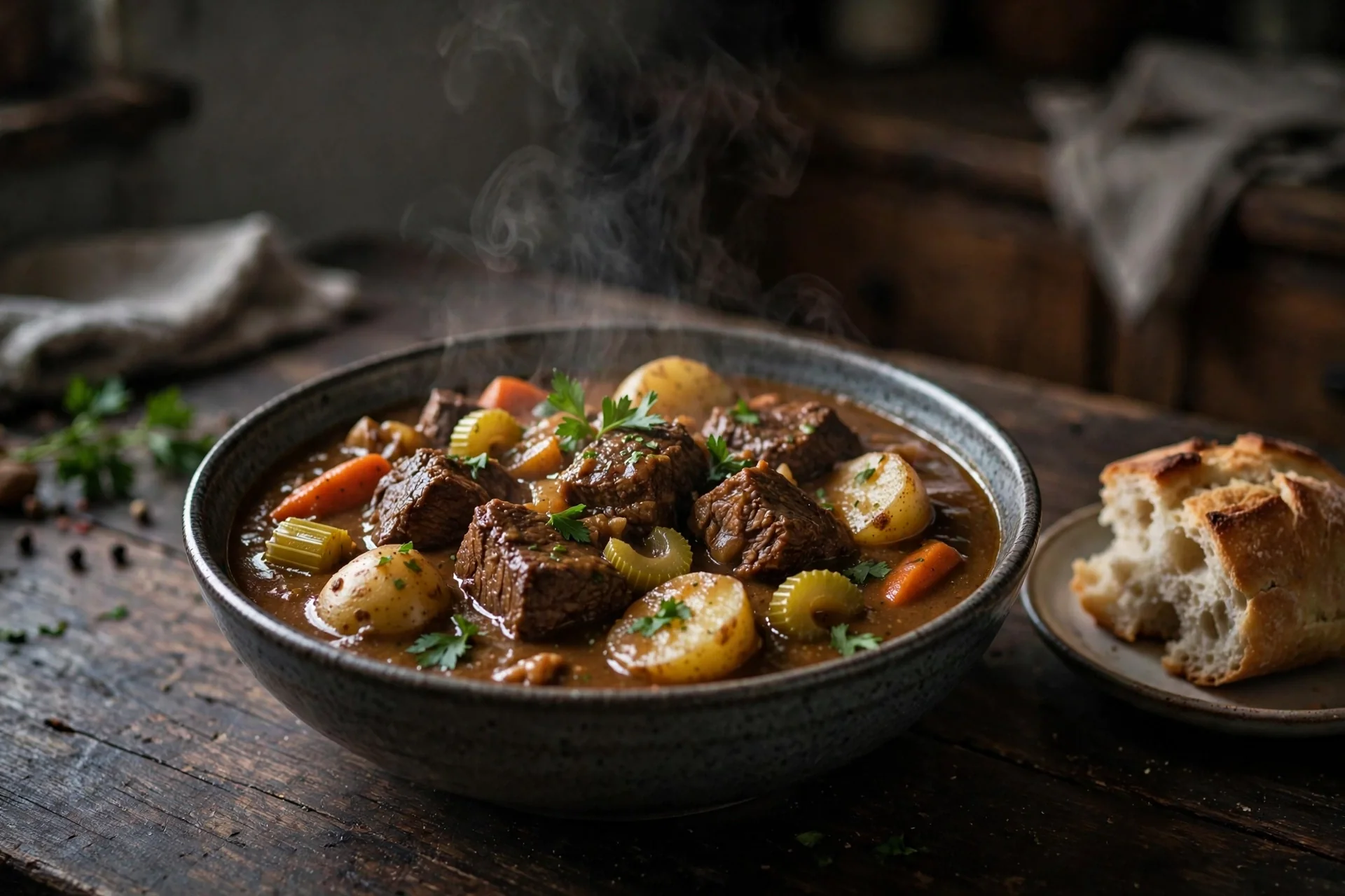 Bowl of slow cooker beef stew with tender beef chunks, carrots, potatoes and celery in rich brown gravy
