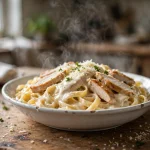 Creamy slow cooker chicken alfredo with fettuccine and sliced chicken breast in a white bowl