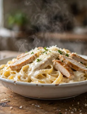 Creamy slow cooker chicken alfredo with fettuccine and sliced chicken breast in a white bowl