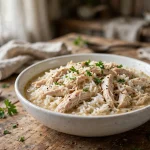 Slow cooker chicken and rice with shredded chicken and parsley in a white bowl