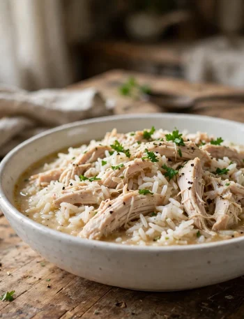 Slow cooker chicken and rice with shredded chicken and parsley in a white bowl