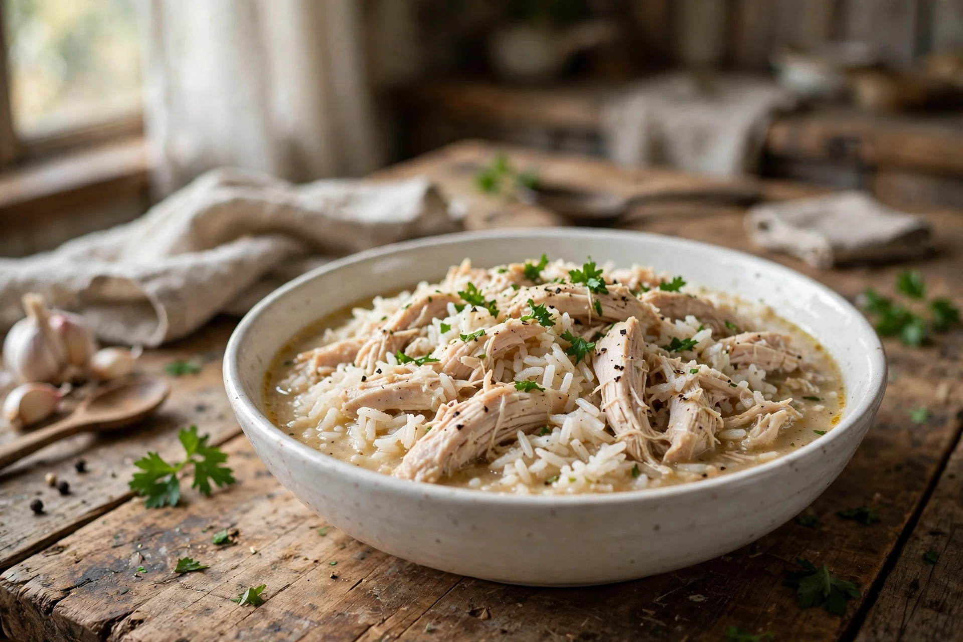 Slow cooker chicken and rice with shredded chicken and parsley in a white bowl