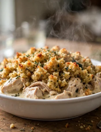 Slow cooker chicken and stuffing with creamy chicken under golden herb stuffing