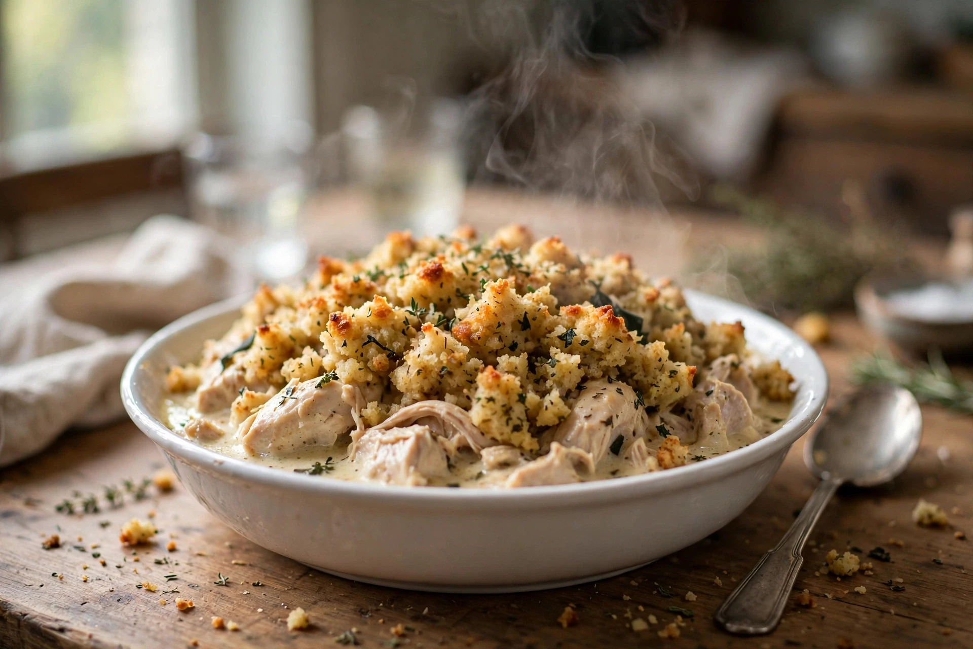 Slow cooker chicken and stuffing with creamy chicken under golden herb stuffing