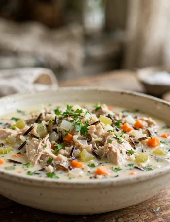 Bowl of creamy slow cooker chicken and wild rice soup with chicken, carrots, and parsley