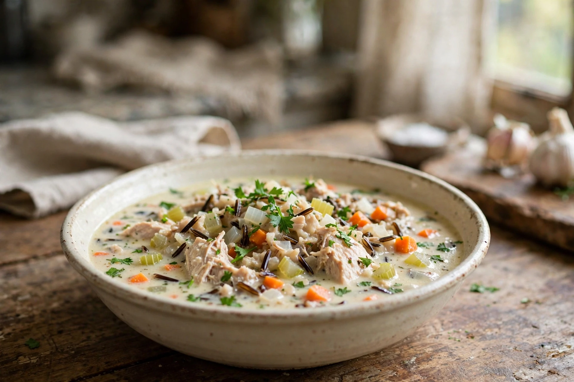 Bowl of creamy slow cooker chicken and wild rice soup with chicken, carrots, and parsley