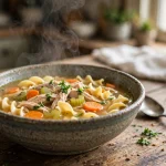 Bowl of slow cooker chicken noodle soup with shredded chicken, egg noodles, carrots and celery in golden broth