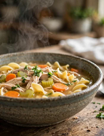 Bowl of slow cooker chicken noodle soup with shredded chicken, egg noodles, carrots and celery in golden broth