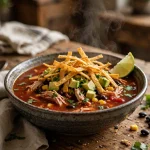 Bowl of slow cooker chicken tortilla soup with shredded chicken, black beans and corn in tomato broth, topped with crispy tortilla strips, avocado and cilantro