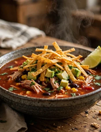 Bowl of slow cooker chicken tortilla soup with shredded chicken, black beans and corn in tomato broth, topped with crispy tortilla strips, avocado and cilantro