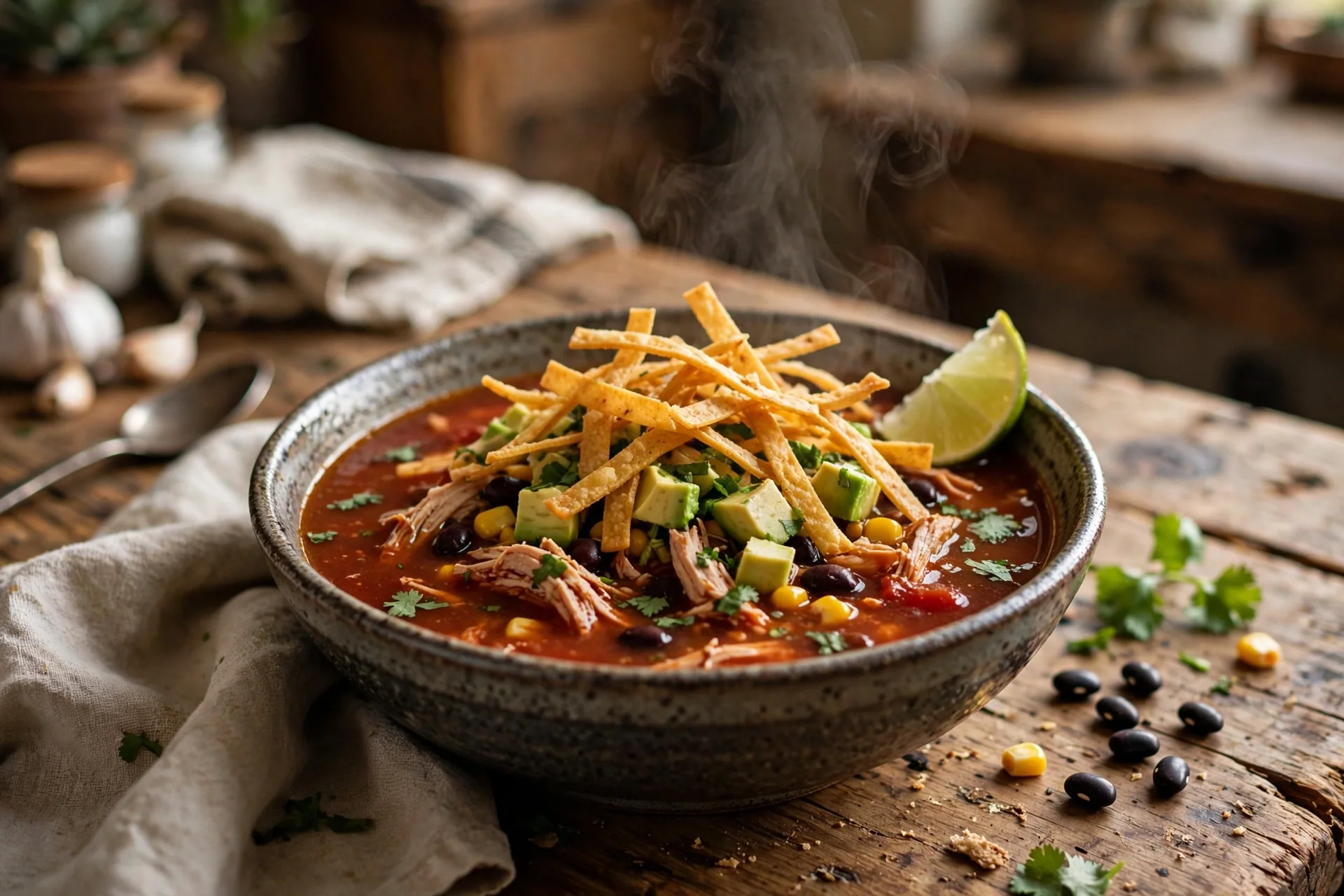 Bowl of slow cooker chicken tortilla soup with shredded chicken, black beans and corn in tomato broth, topped with crispy tortilla strips, avocado and cilantro
