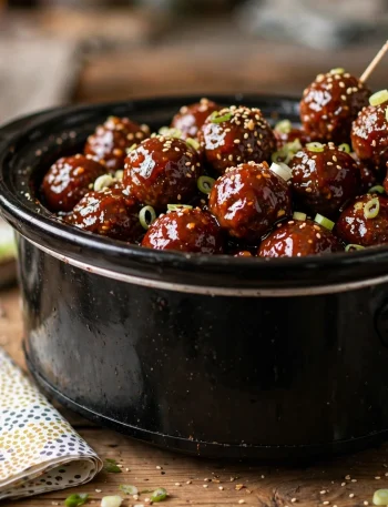 Glossy slow cooker grape jelly meatballs with toothpicks in a crockpot