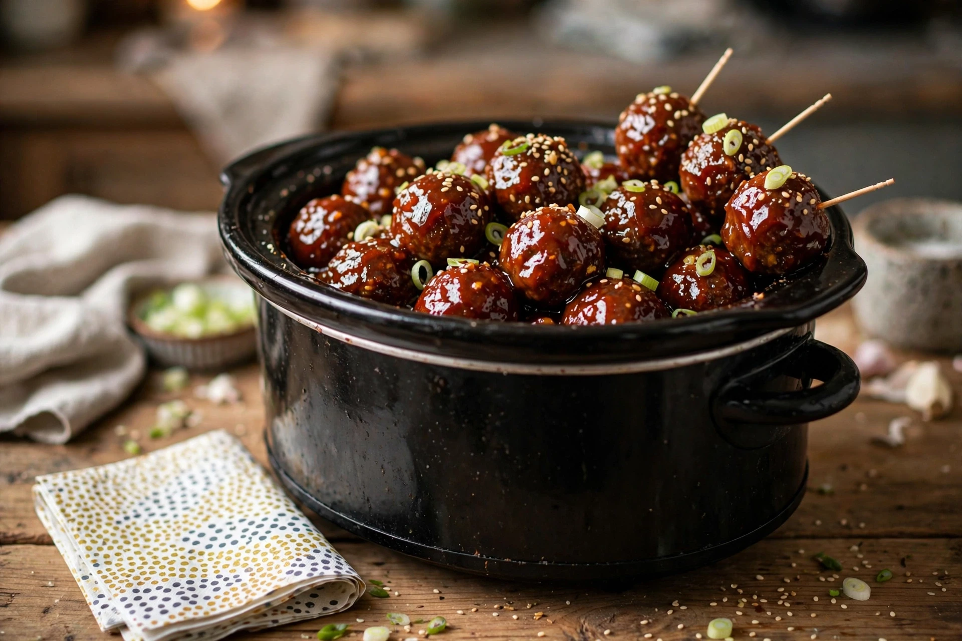Glossy slow cooker grape jelly meatballs with toothpicks in a crockpot