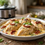 Slow cooker marry me chicken in creamy parmesan sauce with sun-dried tomatoes