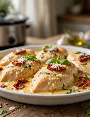 Slow cooker marry me chicken in creamy parmesan sauce with sun-dried tomatoes
