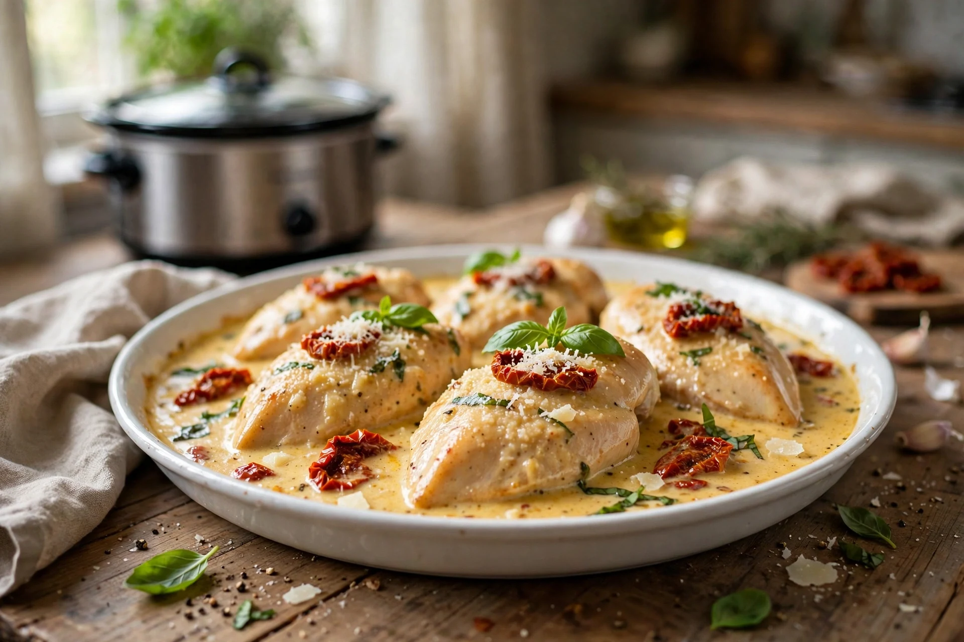 Slow cooker marry me chicken in creamy parmesan sauce with sun-dried tomatoes