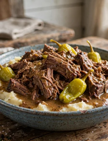 Slow cooker Mississippi pot roast with pepperoncini peppers over mashed potatoes