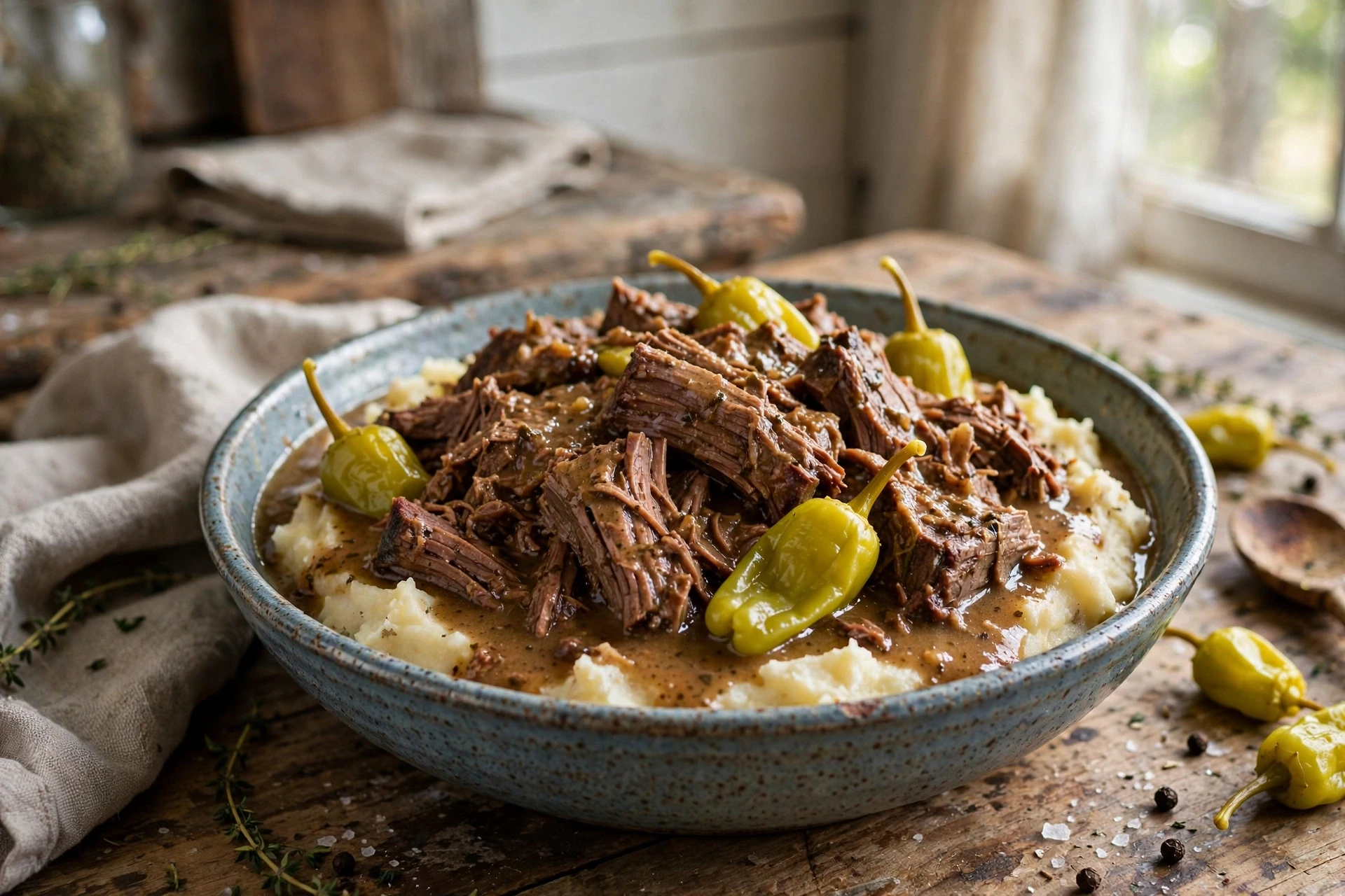 Slow cooker Mississippi pot roast with pepperoncini peppers over mashed potatoes