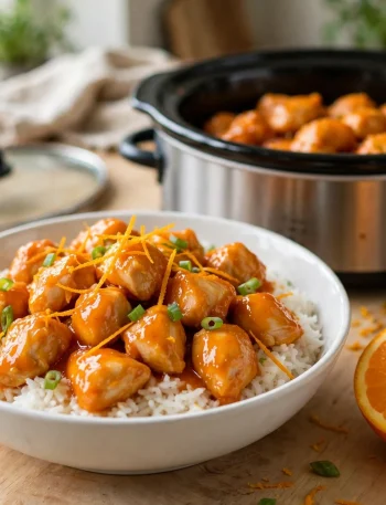 Slow cooker orange chicken over rice with orange zest and a halved orange
