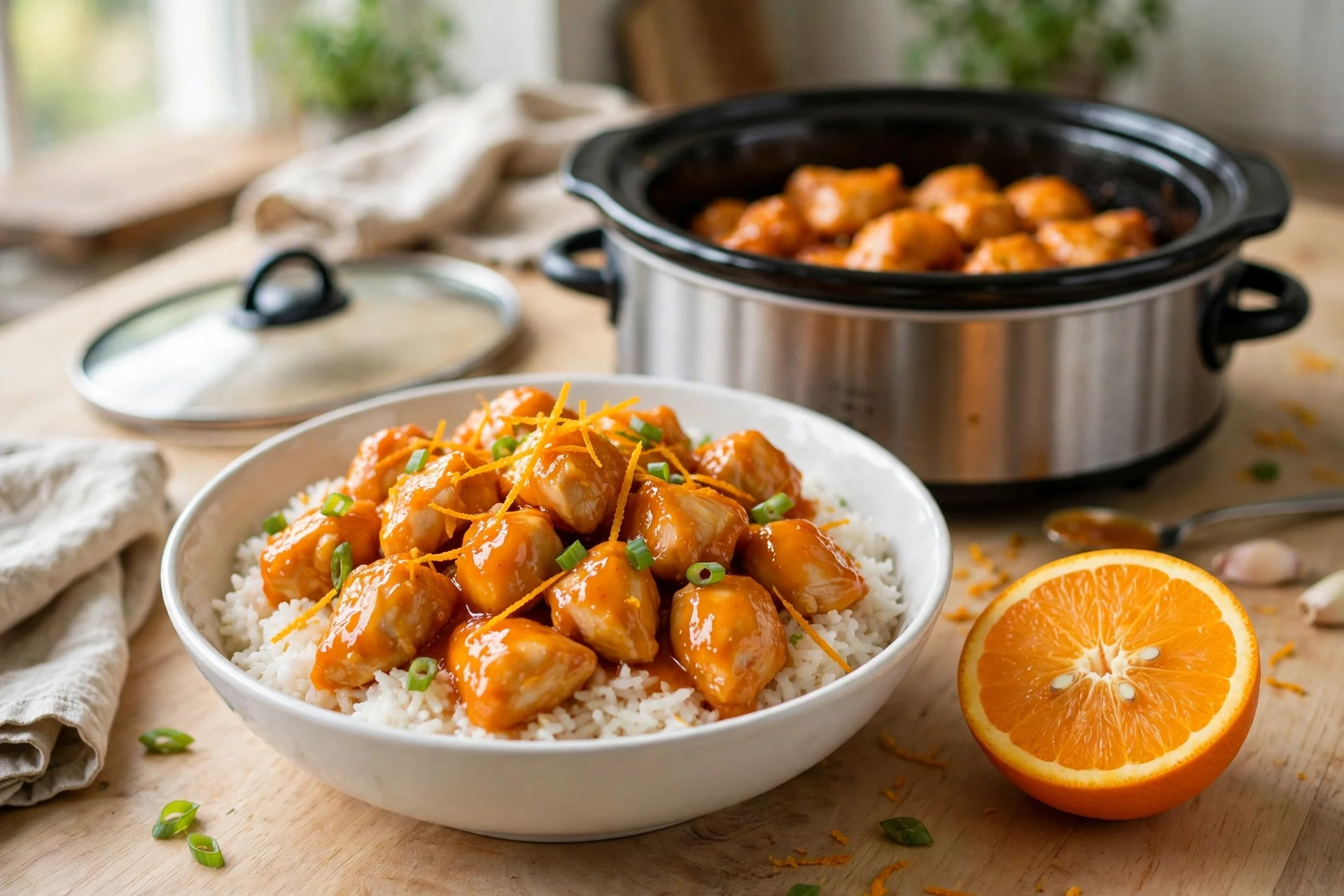 Slow cooker orange chicken over rice with orange zest and a halved orange