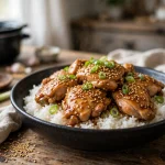 Slow cooker sesame chicken thighs with toasted sesame seeds over rice