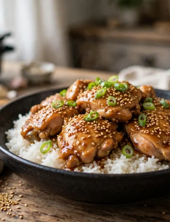 Slow cooker sesame chicken thighs with toasted sesame seeds over rice