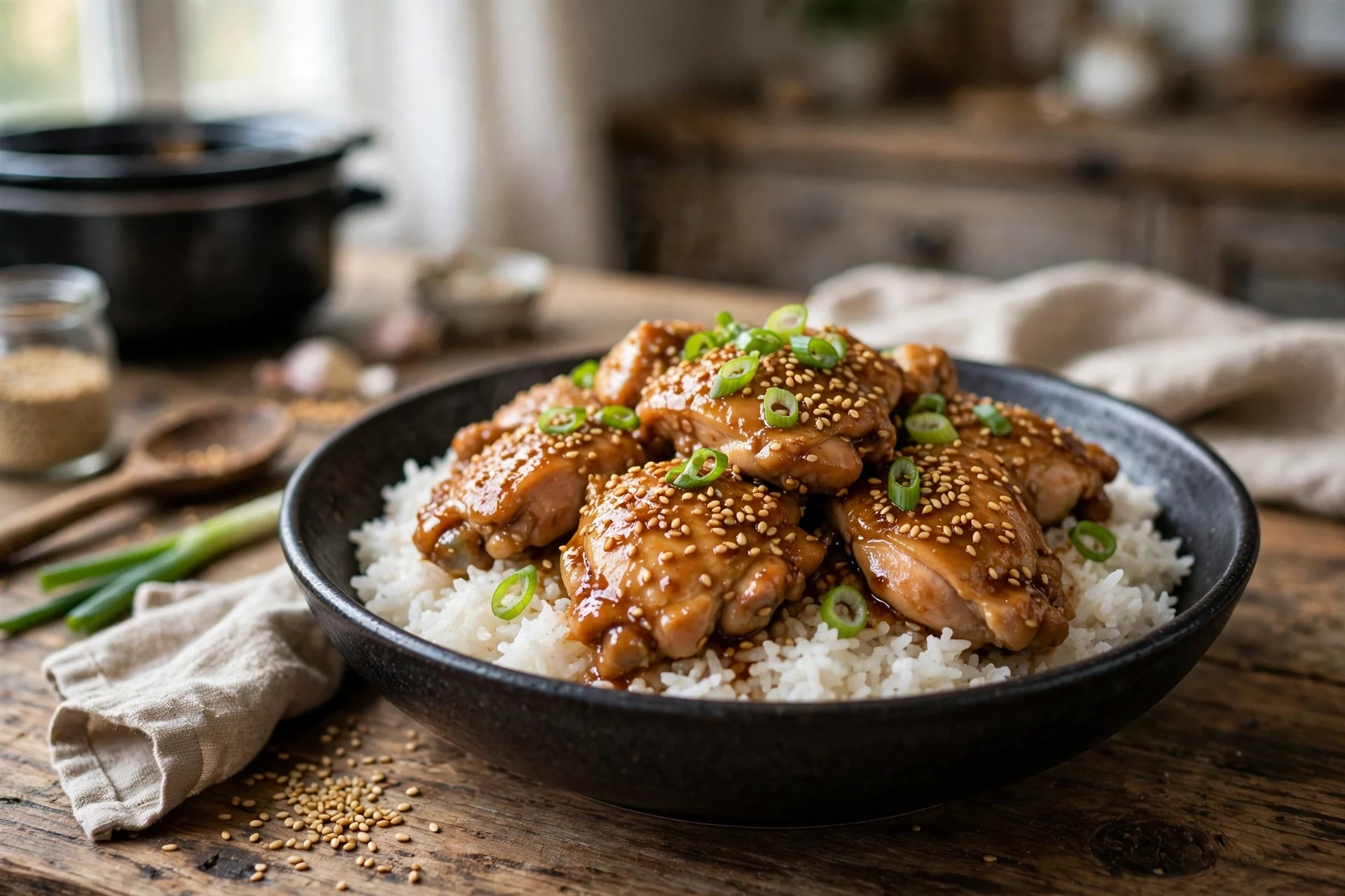 Slow cooker sesame chicken thighs with toasted sesame seeds over rice