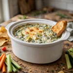 Hot slow cooker spinach and artichoke dip with melted cheese and baguette for dipping