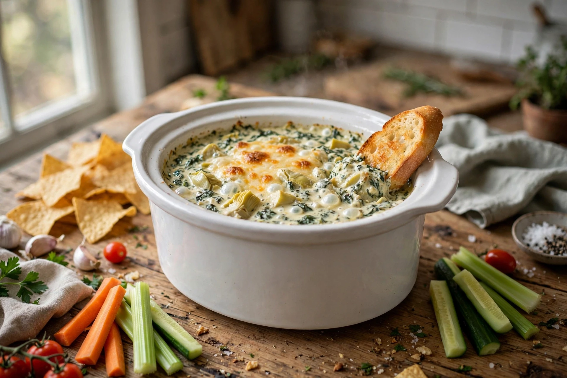 Hot slow cooker spinach and artichoke dip with melted cheese and baguette for dipping