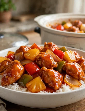 Slow cooker sweet and sour chicken with peppers and pineapple over rice